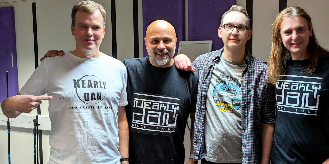 Phil, Bryan, Nick and Ollie wearing the latest Nearly Dan t-shirts